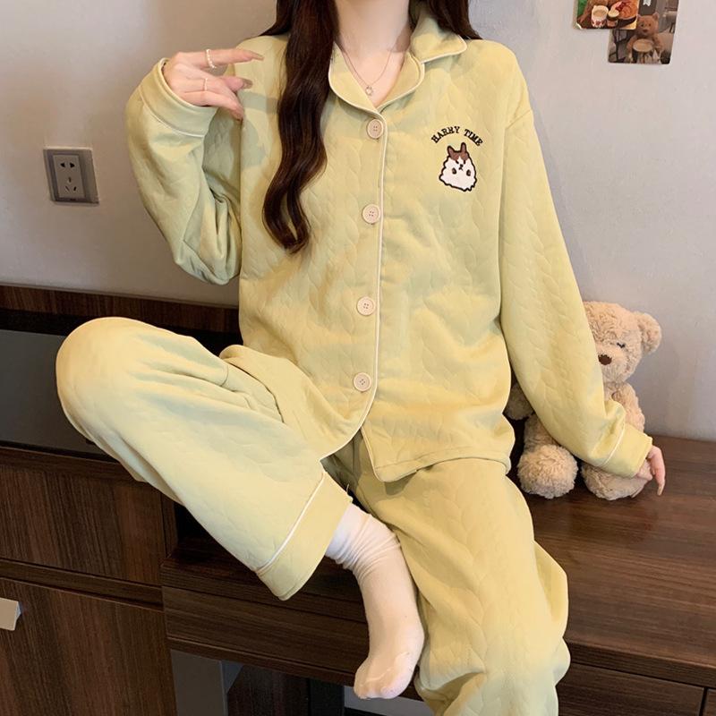 Air cotton pajamas women's autumn and winter long sleeves thickened interlayer warm stars cat student loungewear real shot