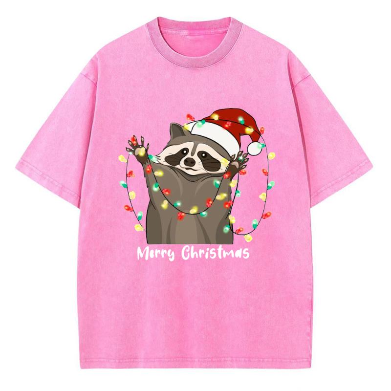 Christmas Cartoon Animal Print Women's T-Shirt New Oversized Washed Denim Short Sleeve Cute Casual Top