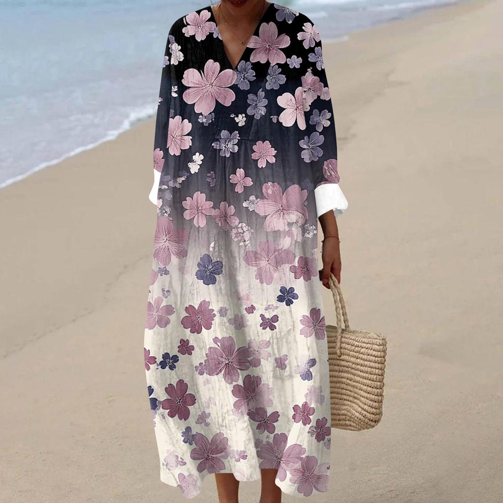 Kadın Günlük Moda V Yaka Uzun Kollu Çiçek Desenli Maksi Elbise