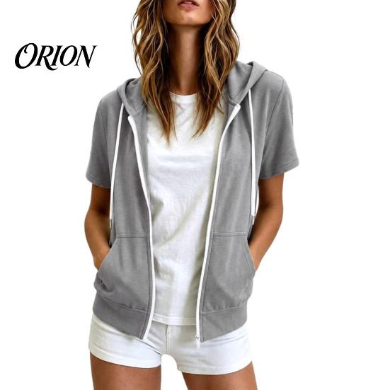 Sudadera Ligera con Capucha para Mujer, Manga Corta, Cremallera, Sudadera Casual con Cordón para Verano, Chaqueta con Capucha y Bolsillos, Suave para Verano