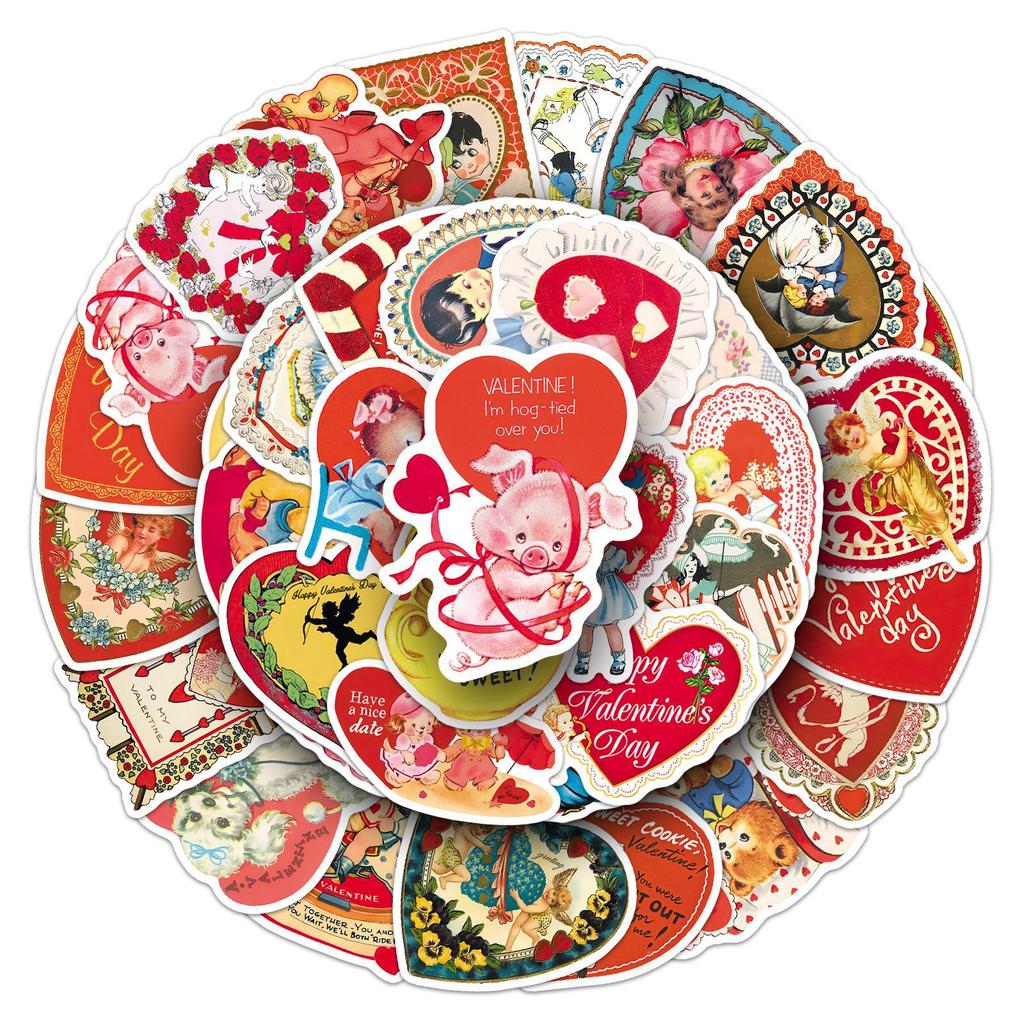 50pcs Retro Valentine's Day Cartoon Decorative Stickers for Refrigerator, Desktop, Earphones, and Guitar - No Cutting Required