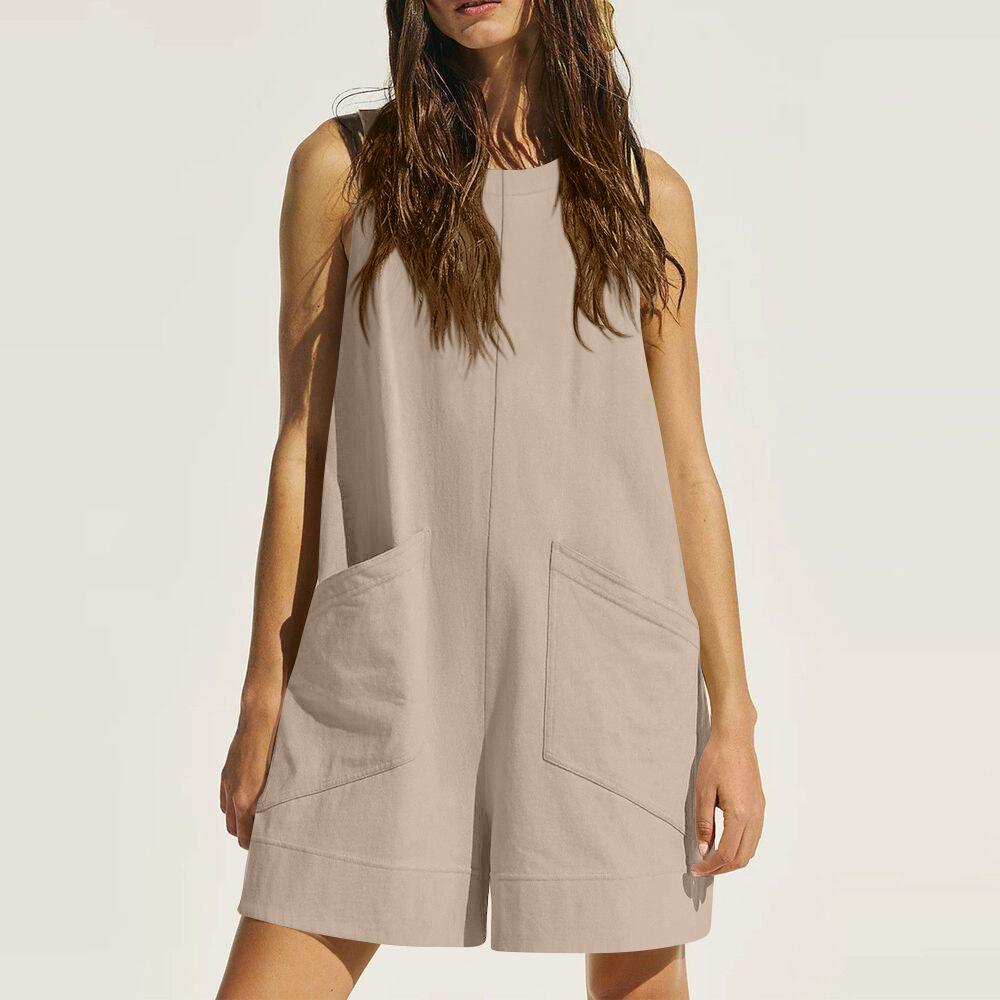 Women European American Style Sleeveless Big Pocket Casual Loose Suspender Cropped Jumpsuit S пшеничный