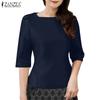 ZANZEA Lässige Damen-Bluse mit O-Ausschnitt und einfarbigen 3/4-Ärmeln