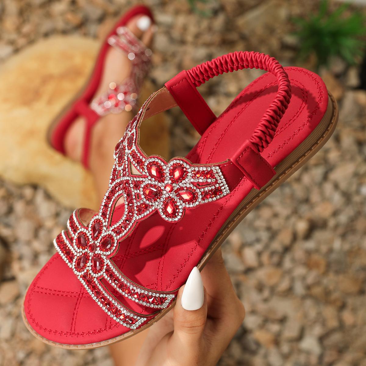 

Босоножки Yasrun Bohemian Rhinestone Flat Sandals - Удобная женская летняя обувь 40 кирпич красный