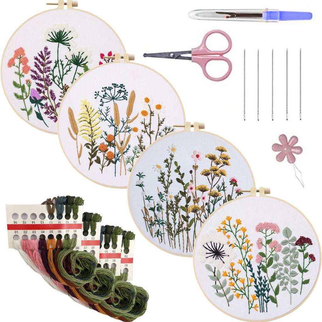 4 Pack Flowers DIY Embroidery Kit with Embroidery Hoop Embroidery Starter Kit 30x30cm for Adult Beginners Gift for Women
