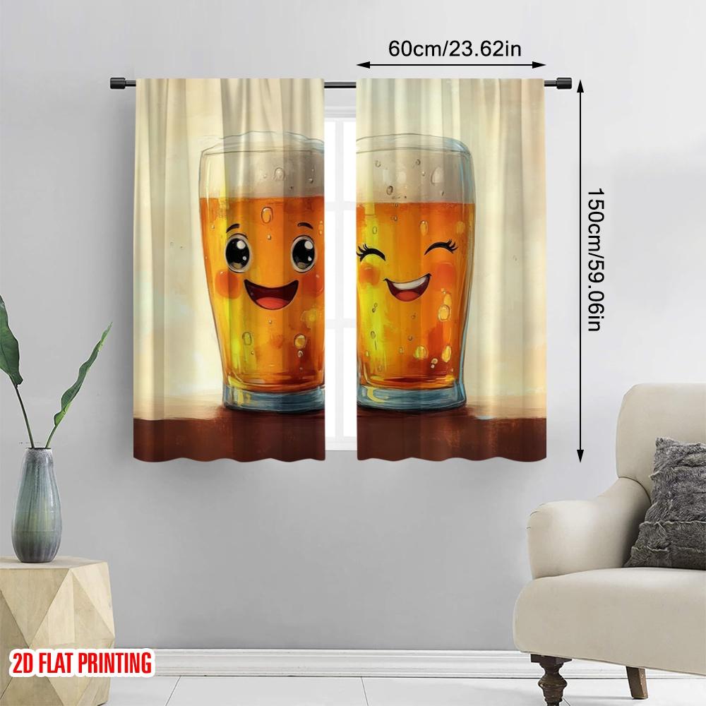 2pcs,2D Plane Printing Print Curtains Happy Beers Versatile Polyester Fabric (without Rod) Decorations Outdoor for Bedroom,