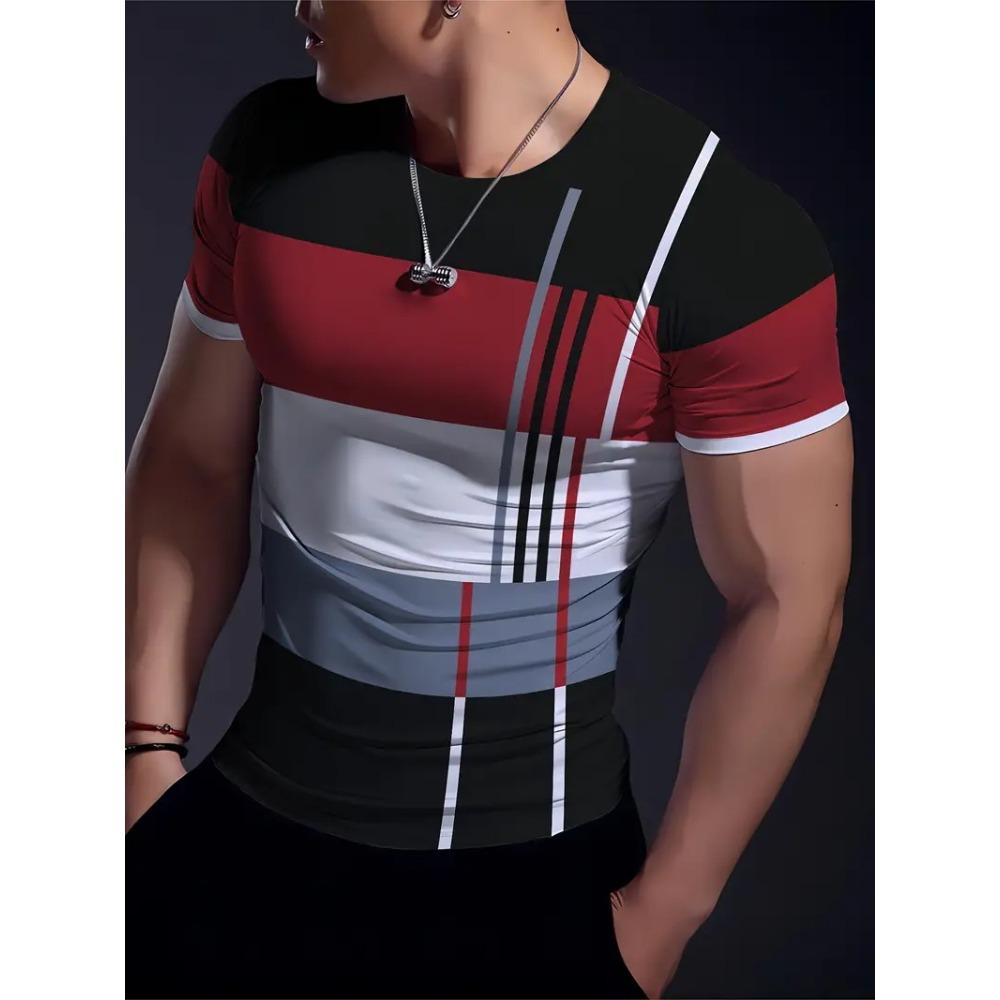 Simple Striped 3D Printed Men's Round Neck Short Sleeve Outdoor Casual Breathable Sweat Absorbent Men's Top Fashion And Fashion