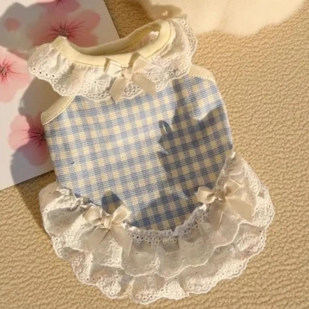 Breathable Pet Dog Vest Bow Lace Design Cat Checkered Clothes Pet Lace Skirt  Daily Wear