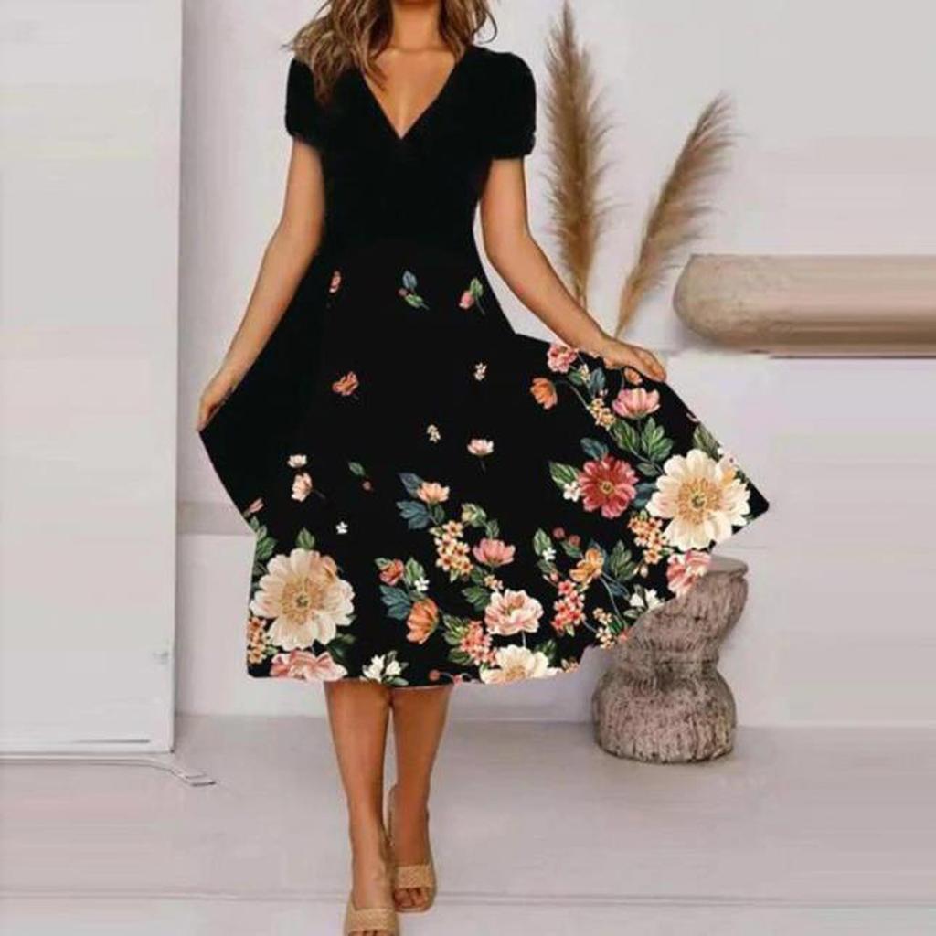 Women's Fashion A-Type V Neck Short Sleeve Floral Flower Print Loose Casual Dress