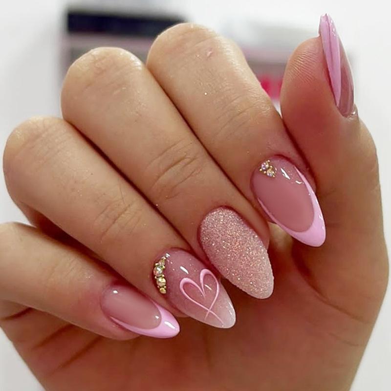 24Pcs French Almond Press On Nails Aurora Glitter Manicure Set Shiny Fake Nails With Drill Design Ready To Wear