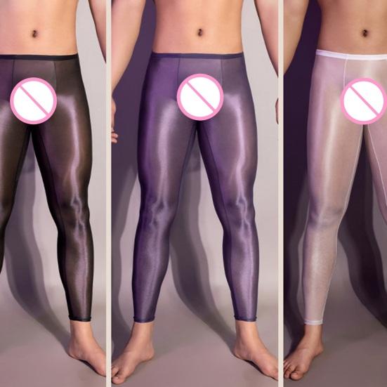 Pánské sexy dlouhé kalhoty průhledné olejově lesklé ultratenké strečové legíny lesklé ledové Silky Comfort úzké kalhoty