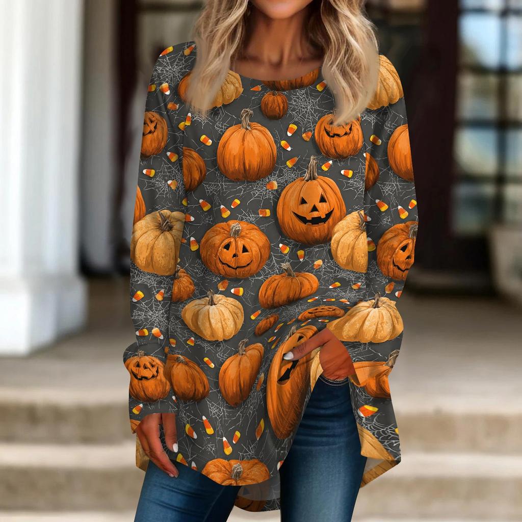 Women's Halloween Graphic Print Long Sleeve T-Shirt Loose Fit Round Neck Pullover