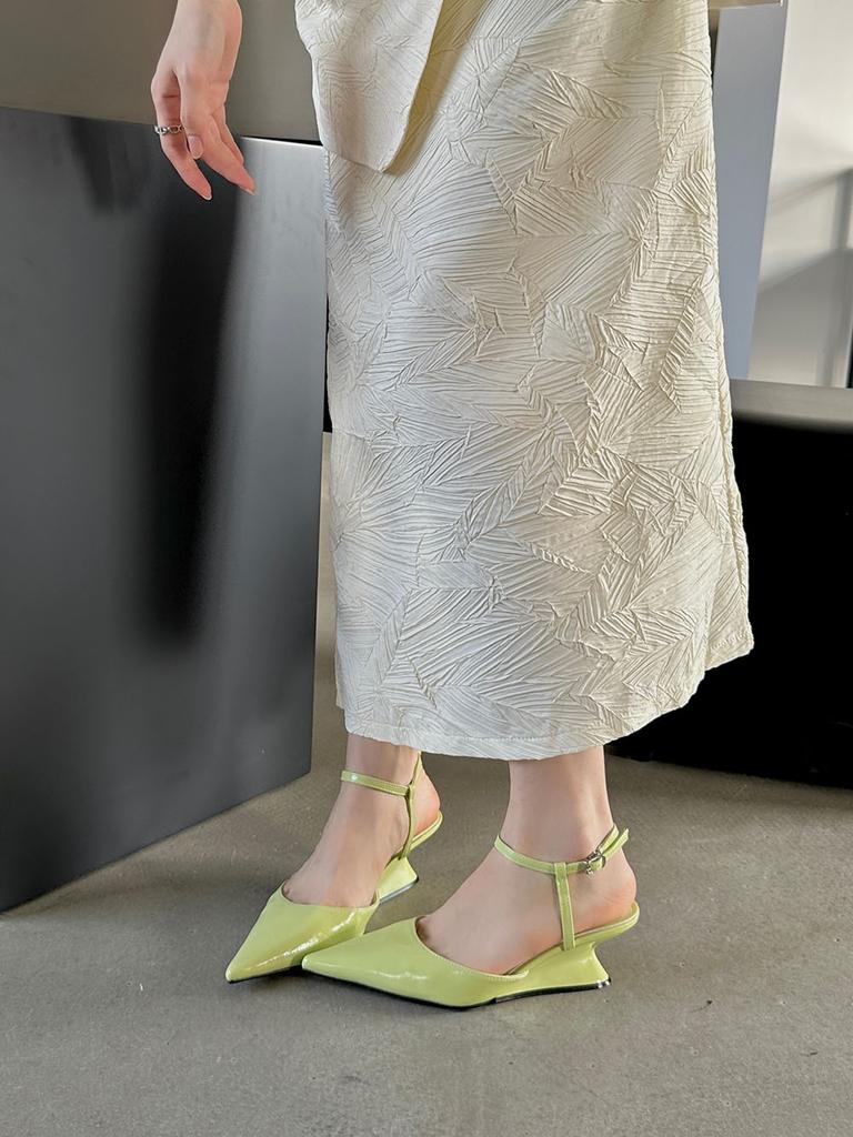 fashion Pointed Toe Women Sandals 2024 New Arrivals Party Dress Shoes Wedge Mid Heeled Black Silver Green Gold Sexy Ankle Strap Pumps