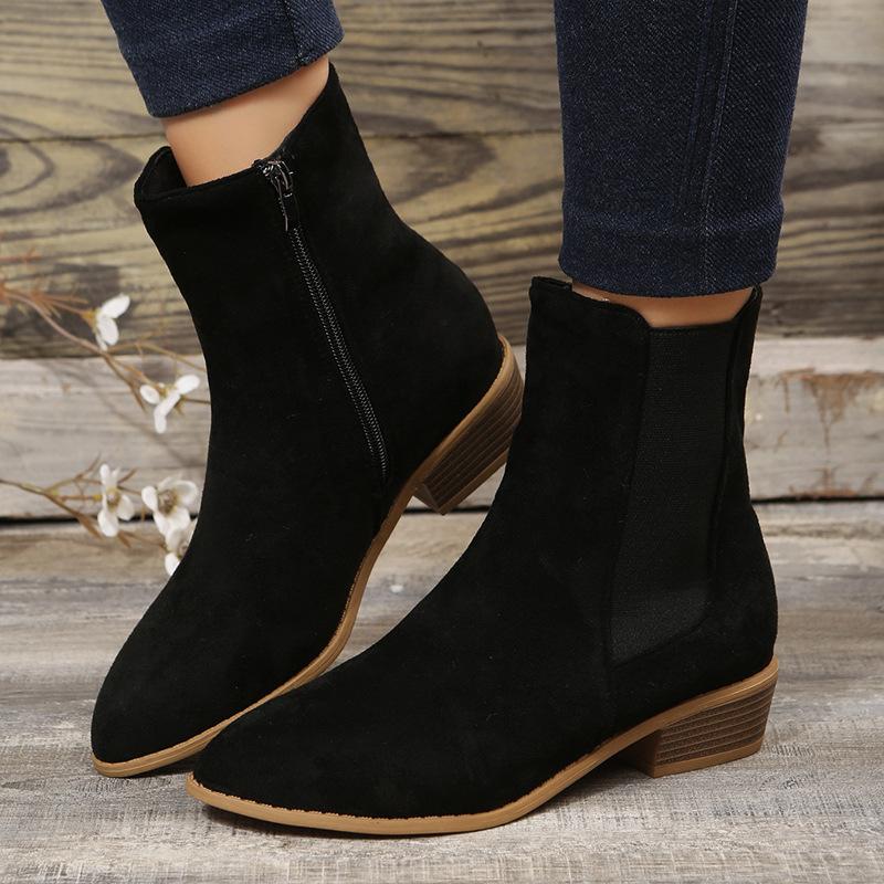 2026 Winter New Large Size Women's Shoes Medium Tube Suede Pointed Side Zipper Thick Heel Ankle Short Boots Women