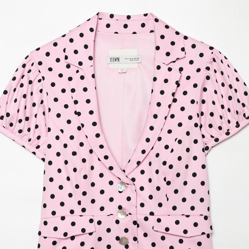 Vintage Pink Polka Dot Short Blazer Turn-down Collar Puff Sleeves Shell Buttons Womens Casual Outerwear