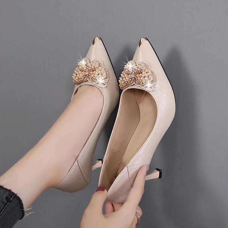 Leather High Heels for Women Metal Butterfly Stiletto Heeled Pointed Ladies Shoes Fashion Comfort Pumps Chaussure Femme