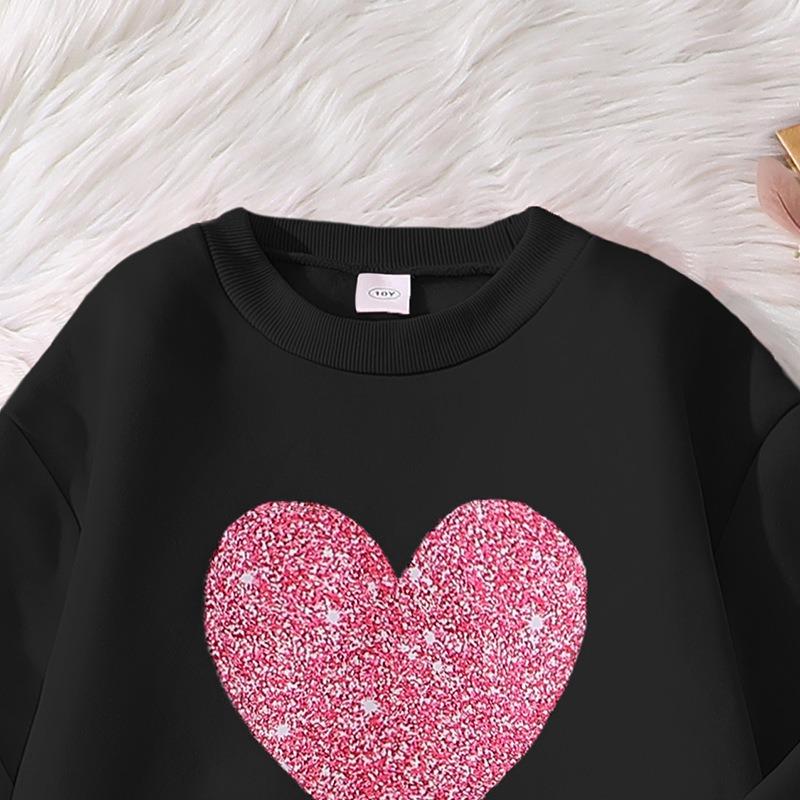 Girls' Big Kids 2-Piece Outfit Set Heart Print Long Sleeve Sweatshirt with Casual Wide Leg Pants Trendy Fall Winter Wear