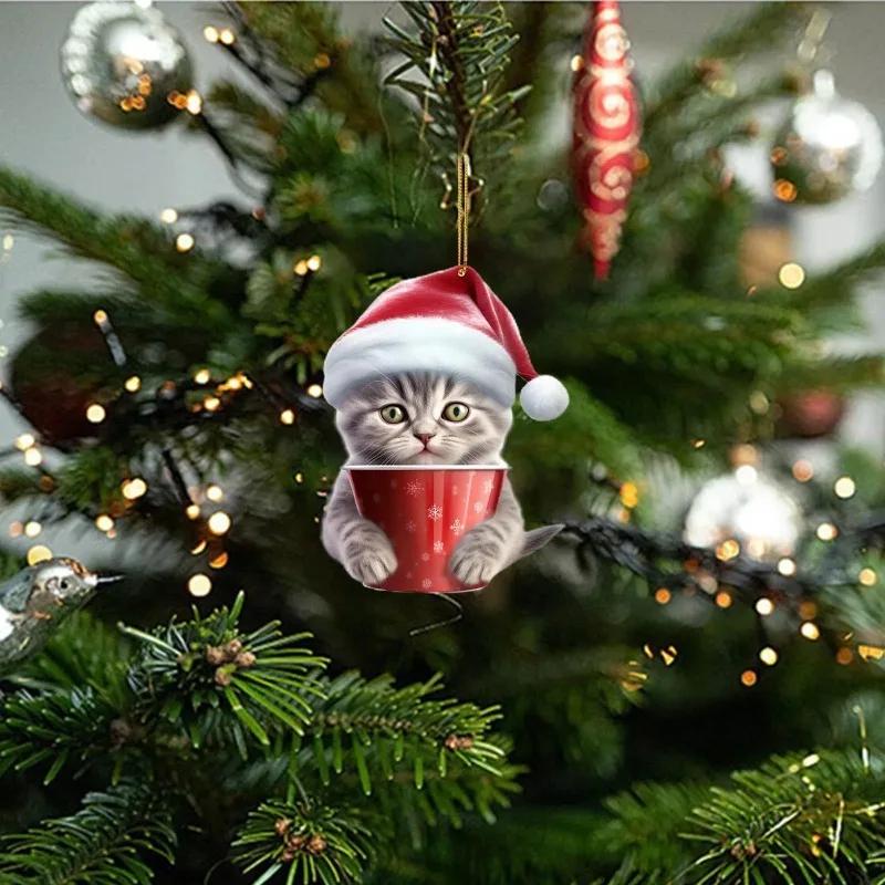 2D Acrylic Cat Christmas Tree Pendants, Cartoon Cute Hanging Ornaments for Home Party Decor New Year Gift 2026