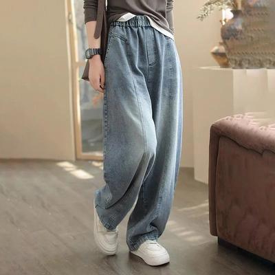 Pants for Women Plus Size Stretchy Elastic High Waist Long Trousers Solid Colour Casual Wide Leg Jean Pants