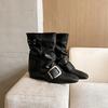 Autumn and winter new round head soft leather thin boots inner height increase short boots women's metal buckle temperament high heel white boots