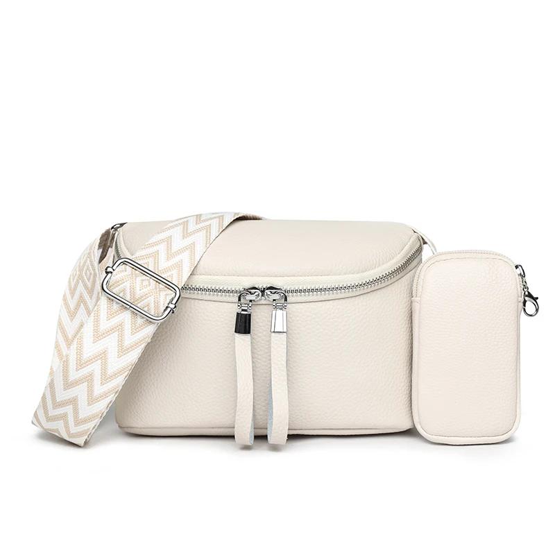 Two In One Women Vintage Underarm Bags  Cowhide Leather Shoulder Bag Multipocket Adjustable Strap Female Commute Daily Bags