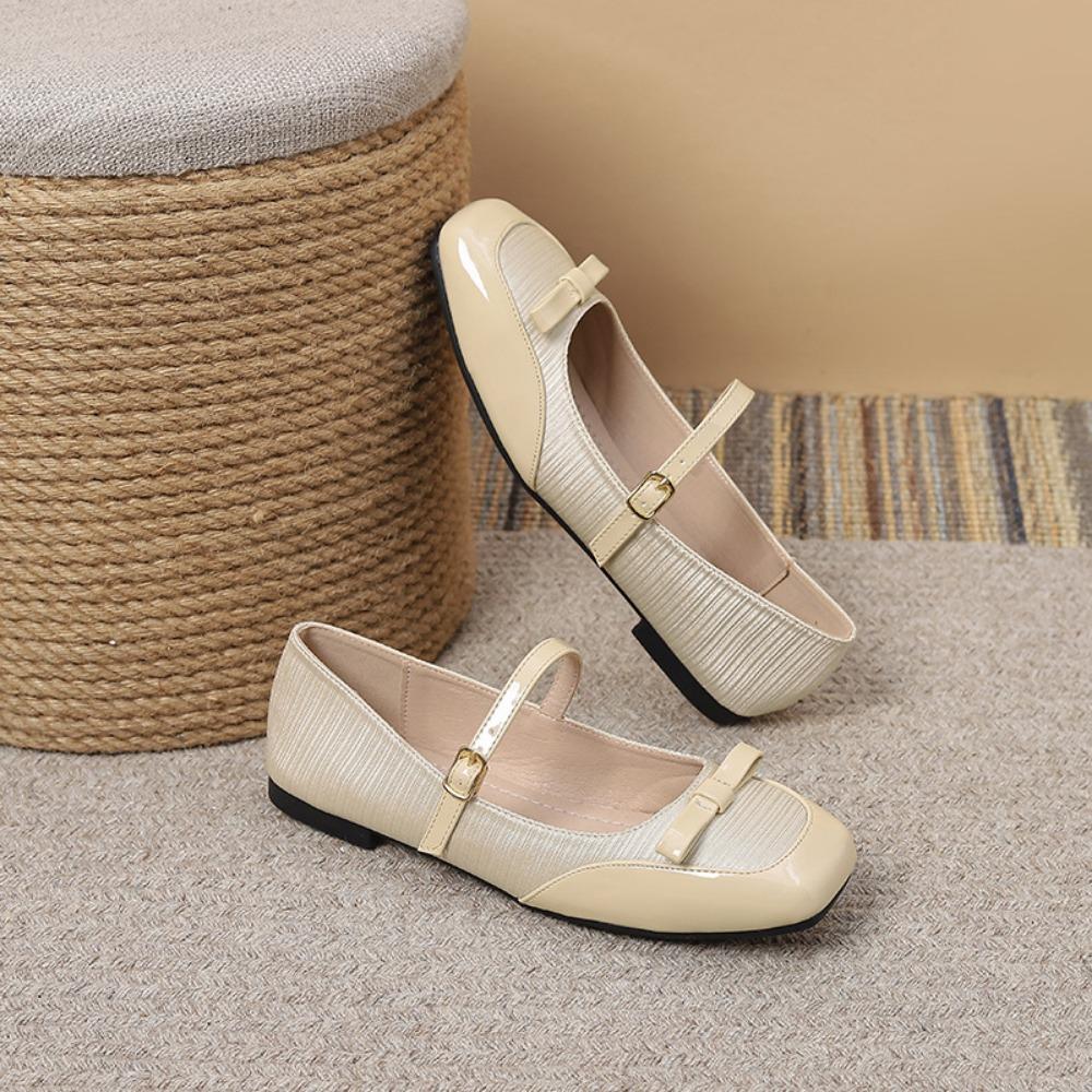Flat Shoes for Women Spring and Autumn New Spliced Square Toe Shallow Mouth Flats Single Button Mary Jane Single Shoes for Women