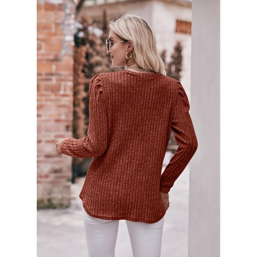 Women's Round Neck Bubble Sleeve Brushed Pit Stripe Solid Color Top Long Sleeved T-shirts