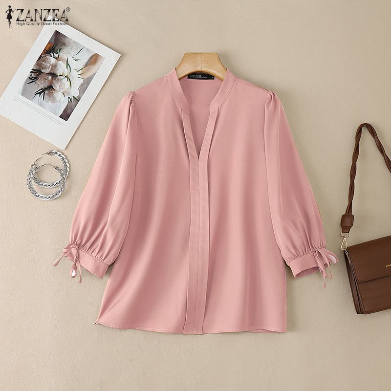 ZANZEA Women CasuaL V-Neck Solid Color 3/4 Sleeve Loose Blouse