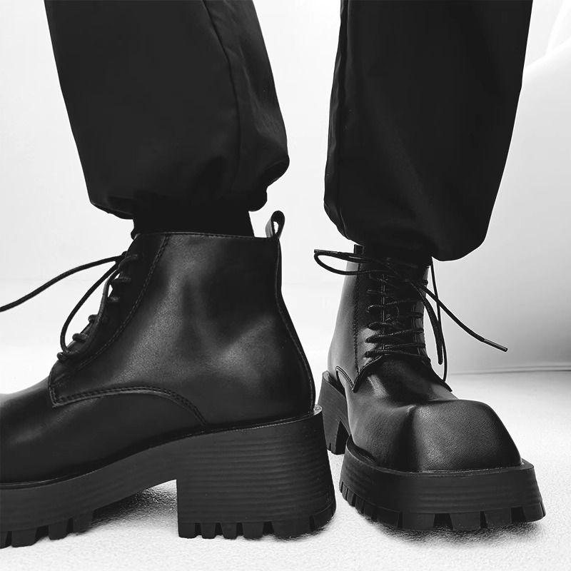 Square Men's Trendy European and American Niche Medium-top Retro Thick-soled Heightening Locomotive Boots High-top Leather Shoes