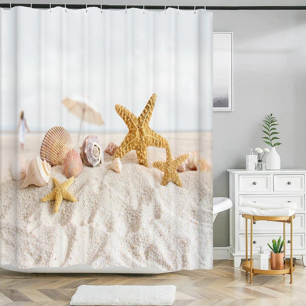Seaside Scenic Beach Shells Shower Curtains Bathroom Curtain Frabic Waterproof Polyester Bath Curtains for Bathroom 180x180cm