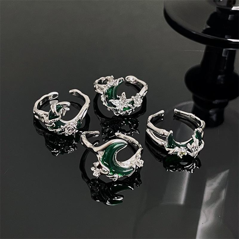 Niche Design Sweet High-End Moon Opening Ring Green Cool Irregular Butterfly Rose Ring