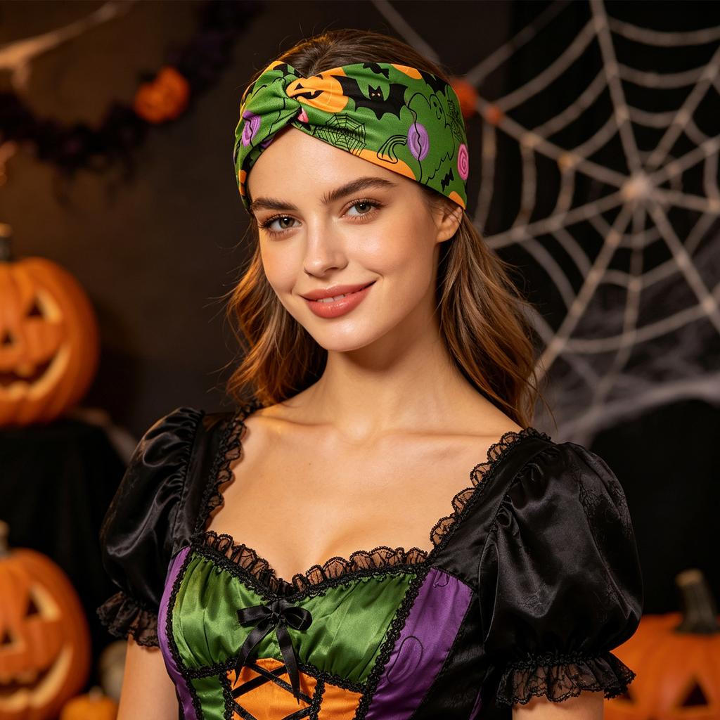 Halloween Print Wide Knotted Headband for Women and Girls Soft Stretchy Fabric Head Wrap with Festive Patterns