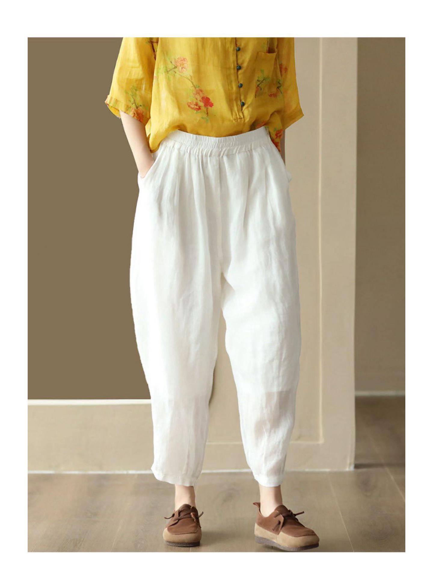 2026 Spring Linen Elastic Waist Casual Pants - Artistic, Simple, Versatile One Size