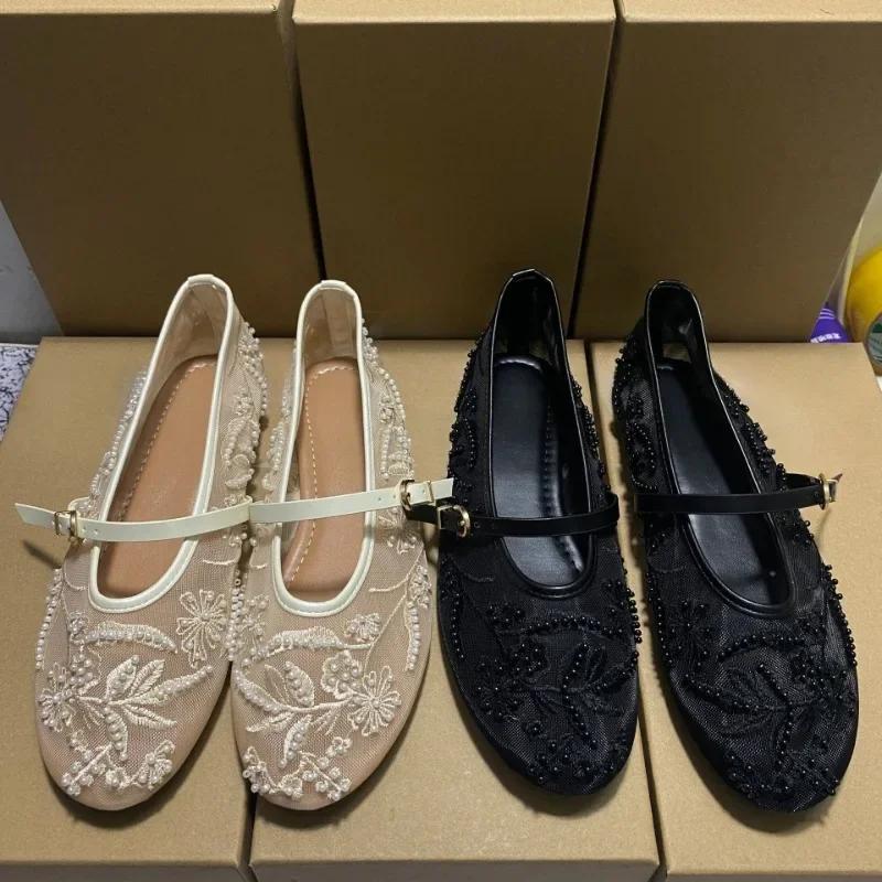 Mesh Embroidery Flower Ballet Flats Women Comfort Round Toe Breathable Mary Jane Shoes Fashion   Shoes for Ladies