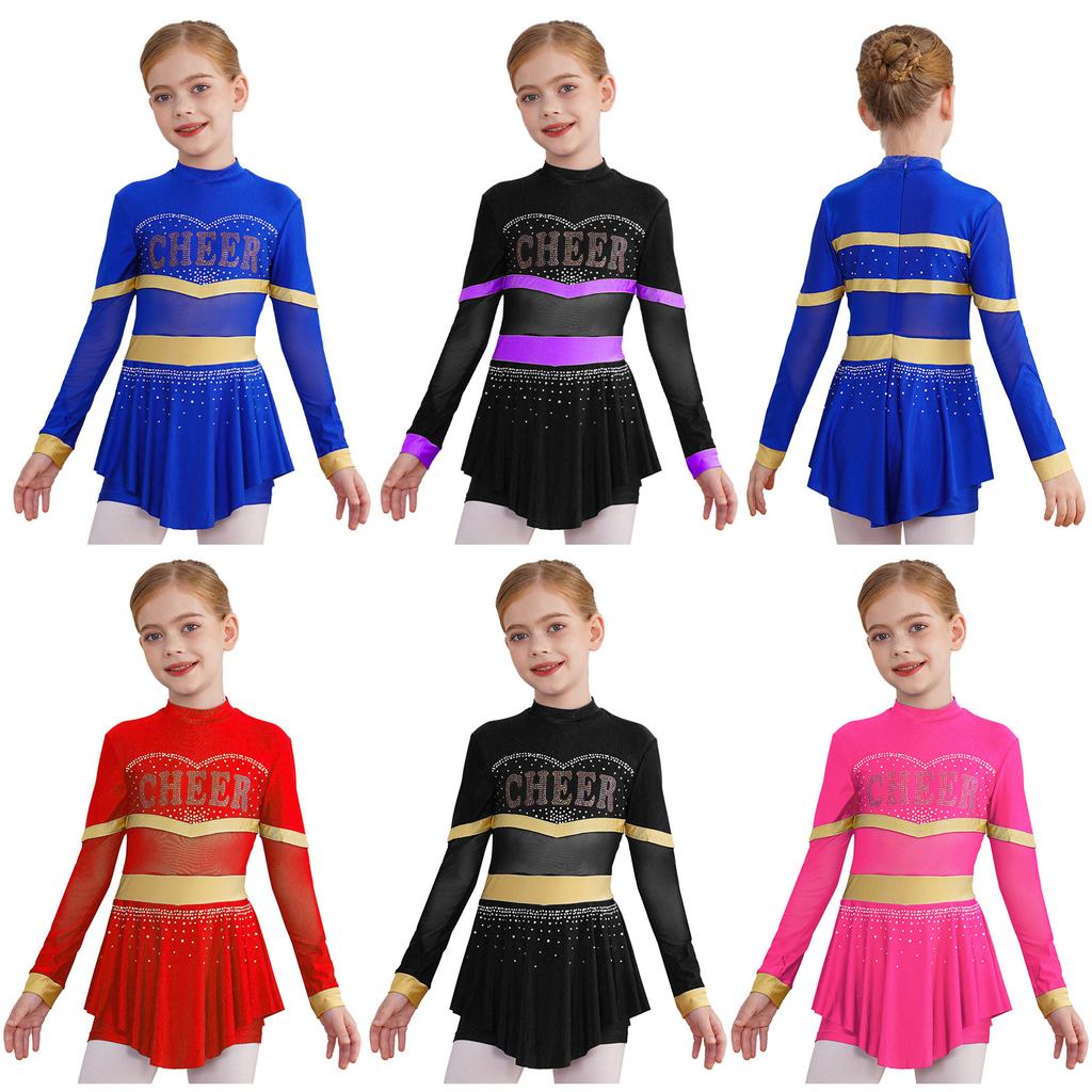 Girls One Piece Cheerleader Costume Long Sleeve Mesh Patchwork Shiny Diamonds Cheerleading Bodysuit