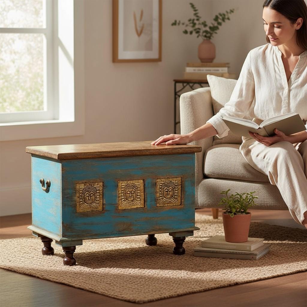 Wooden Trunk Chest Coffee Table Box Blue Distressed Storage Chest with Carved Brass Panels Budha Handcrafted Storage Distressed Blue Chest