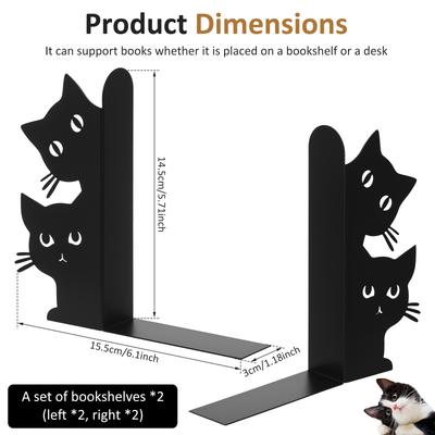 2 Pairs Desktop Peeping Cat Metal Bookends Set Cute Black Cat Book Holder Decorative Black Cat Book Ends for Bookshelf Office