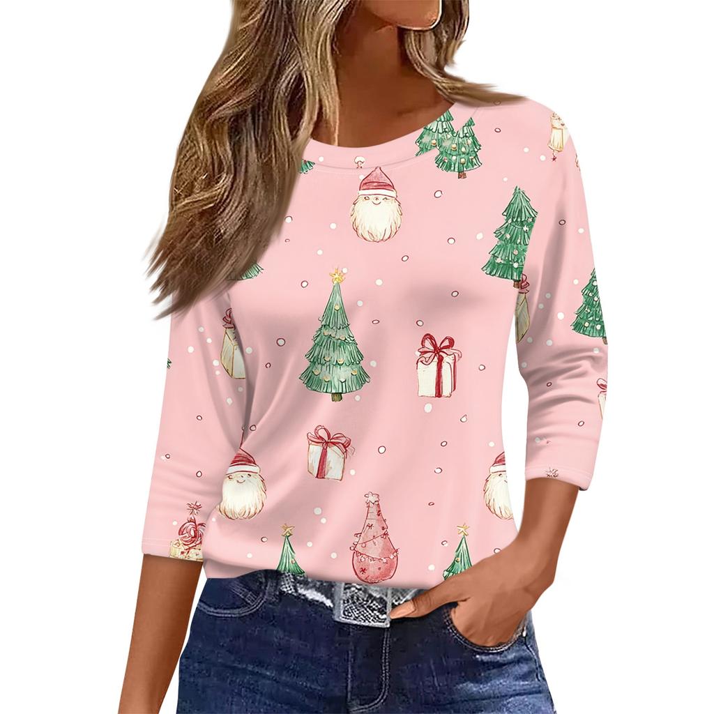 Top de damă cu decolteu O cu mâneci 3/4 cu imprimeu de Crăciun