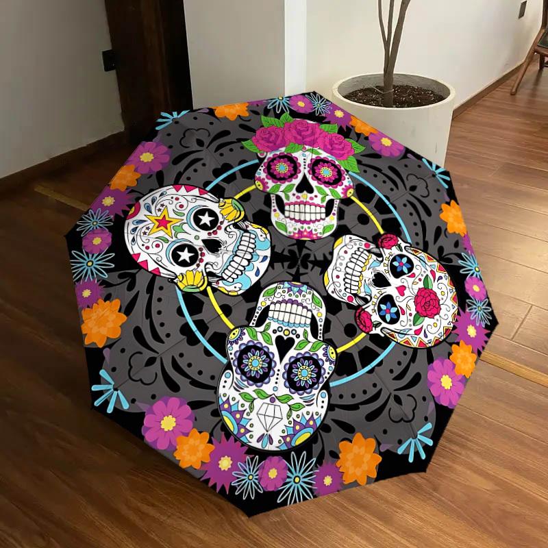 

1pc Sugar Skulls Automatic Umbrella Durable Iron Frame & Plastic Handle, Gift for Men & Women, Sturdy Construction yy250905204
