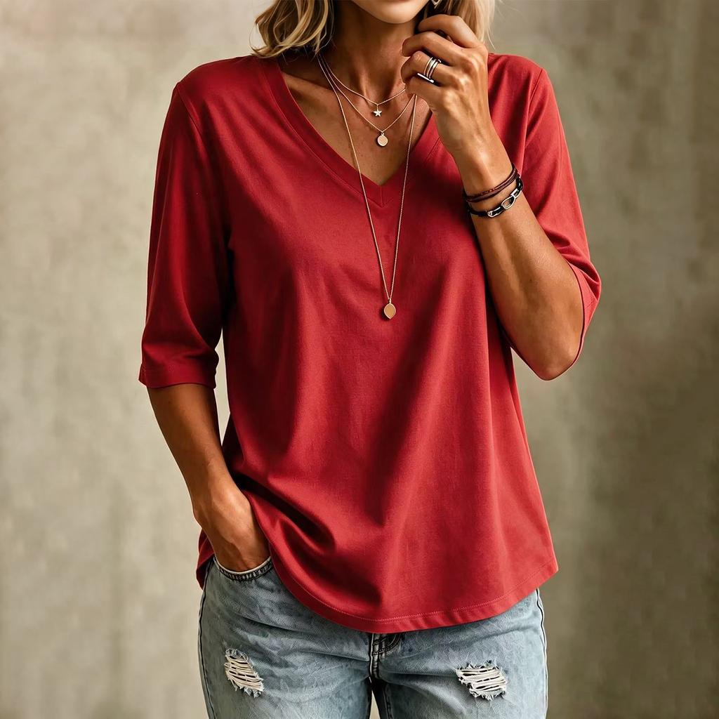 Women's V-Neck T-Shirt Short Sleeve Casual Fit Versatile