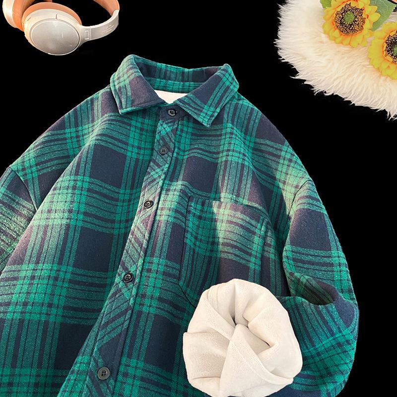 

Осень и Зима Мужская Бархатная Утепленная Рубашка-Куртка в Клетку в Стиле Ретро Большого Размера с Лацканами и Длинными Рукавами Свободный Верх 5XL