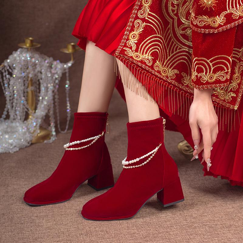Fashion Women's Thick Heel Cotton Boots Winter New Square Head Suede Back Zipper Anti-slip Wear-resistant Short Tube Wedding Shoes