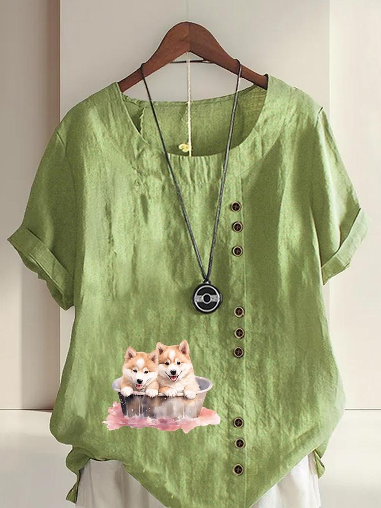 Women's Fashion Couple Dog Print Round Neck Short Sleeve T-shirt Summer Casual Cotton Linen Graphic Shirt Leisure Loose Blouse Tops