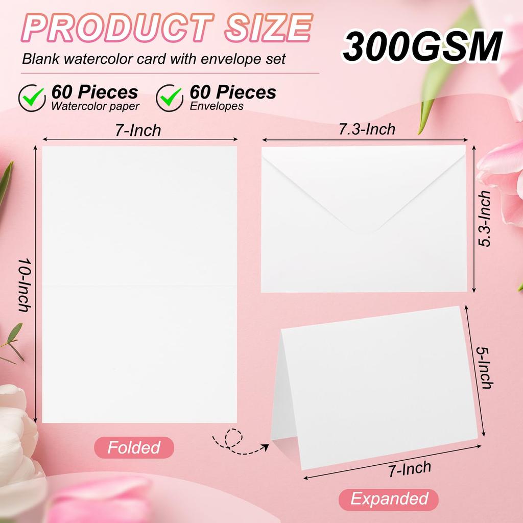 PATIKIL 60 Postcards for Picture Lettering, 140lb/300g, S/M Cotton Watercolor Paper, Extra Thick, with Envelopes for Art Painting, Creative Thank You