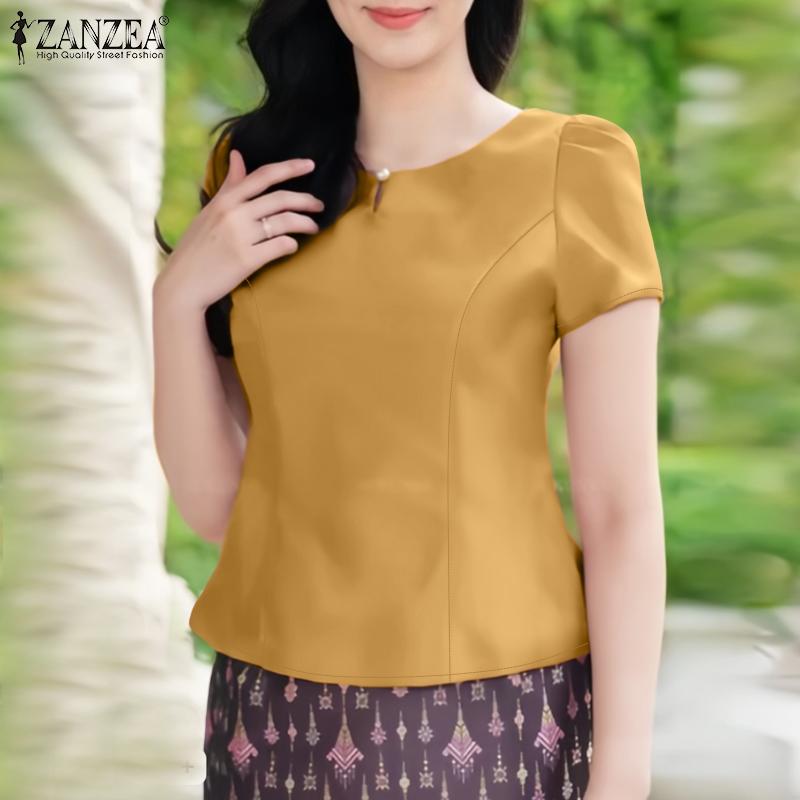 

ZANZEA Women Summer Round Neck Casual Short Sleeve Plain Blouse S