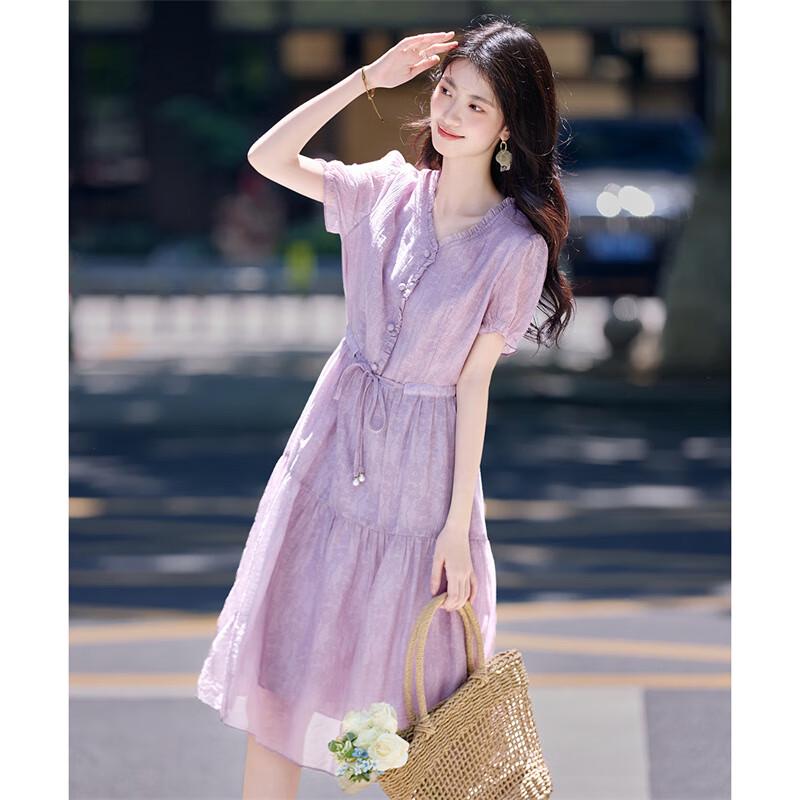 

Элегантное платье А-силуэта с V-образным вырезом и плиссированным принтом Шан Цзин M