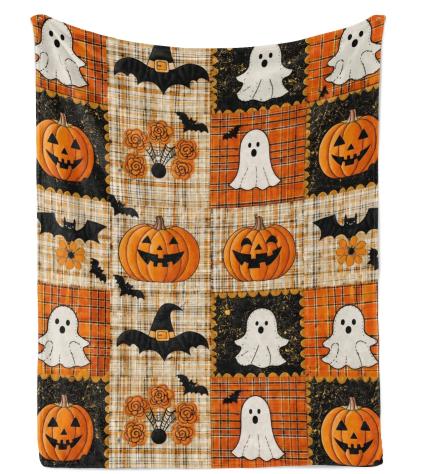 Couverture Patchwork Halloween Peluche Douce pour Canapé Chambre Décor Festif