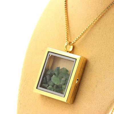 Stones and Minerals. Raw Tsavorite Garnet Necklace. Square Model. Gold Color.