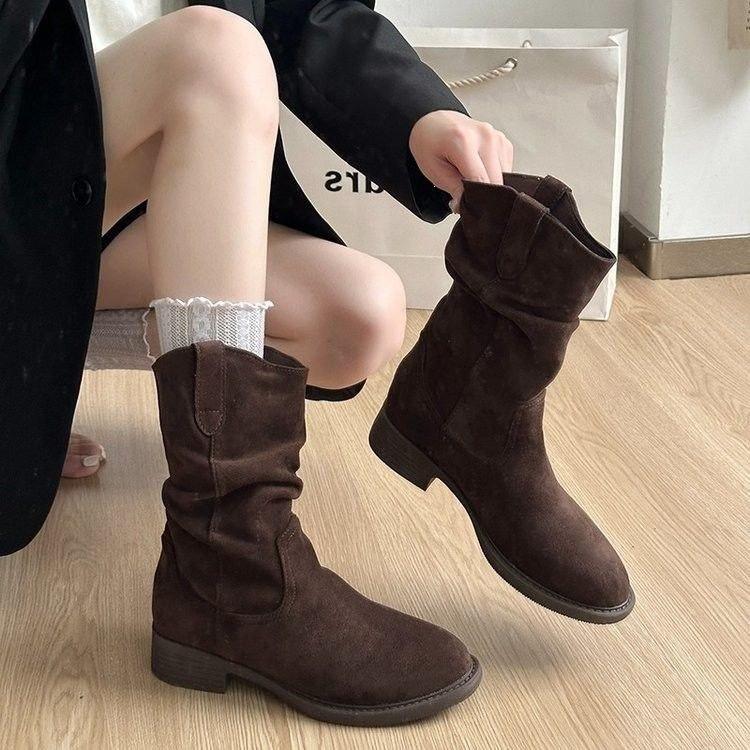 2026 autumn new French platform stacking boots medium boots women's shoes thick heel folds with skirt short Martin boots