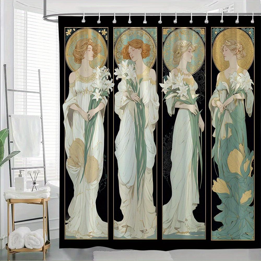 1pc Floral Shower Curtain Vintage Elegant Ladies with Lilies Art Nouveau Style Bathroom Decor Polyester Fabric Bath Partition Cu 90x180cm35x71in